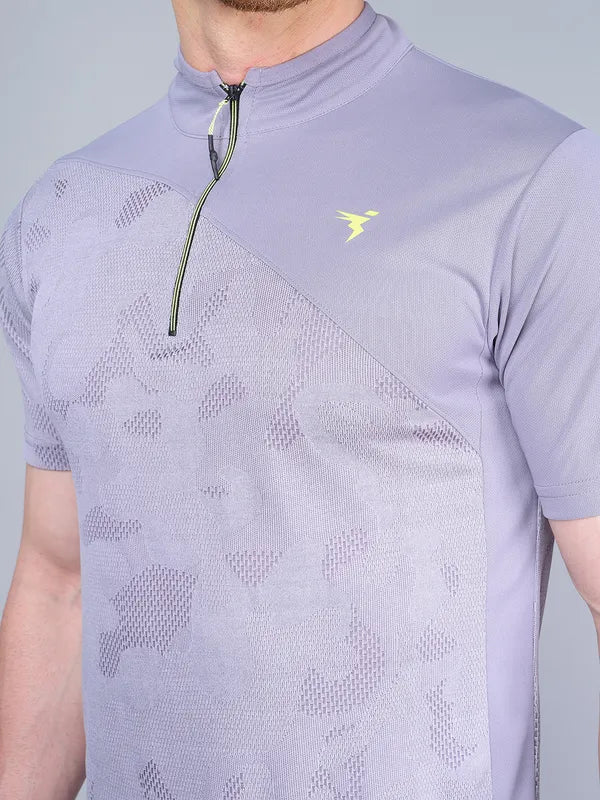 Men Self Design Slim Fit Mock Neck T-shirt with VENTMESH - Image 5