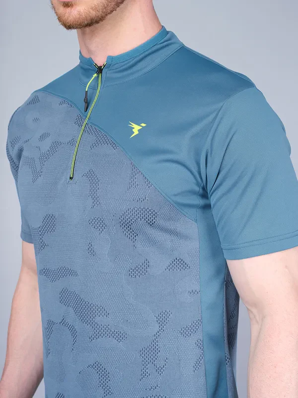 Men Self Design Slim Fit Mock Neck T-shirt with VENTMESH - Image 3