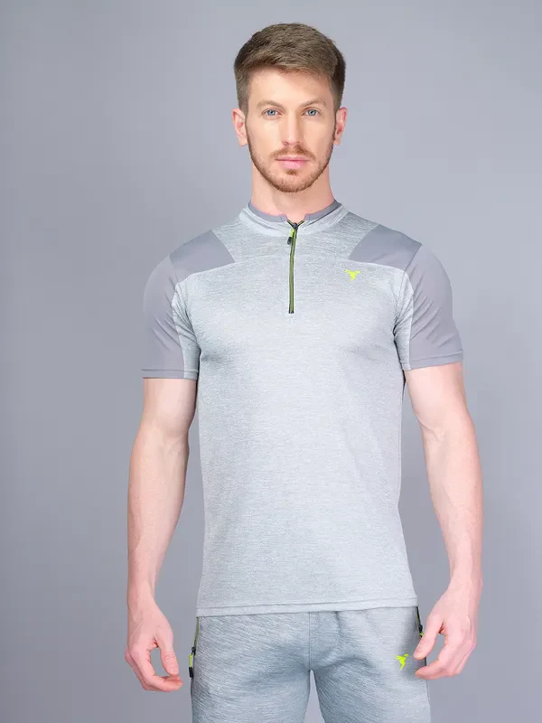 Men Melange Slim Fit Mock Neck T-shirt with DOUBLE COOL
