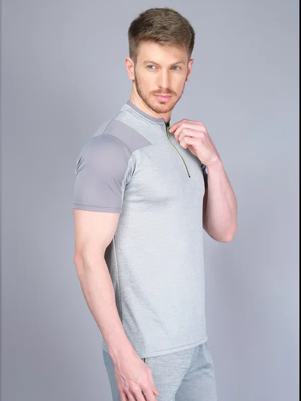 Men Melange Slim Fit Mock Neck T-shirt with DOUBLE COOL - Image 8