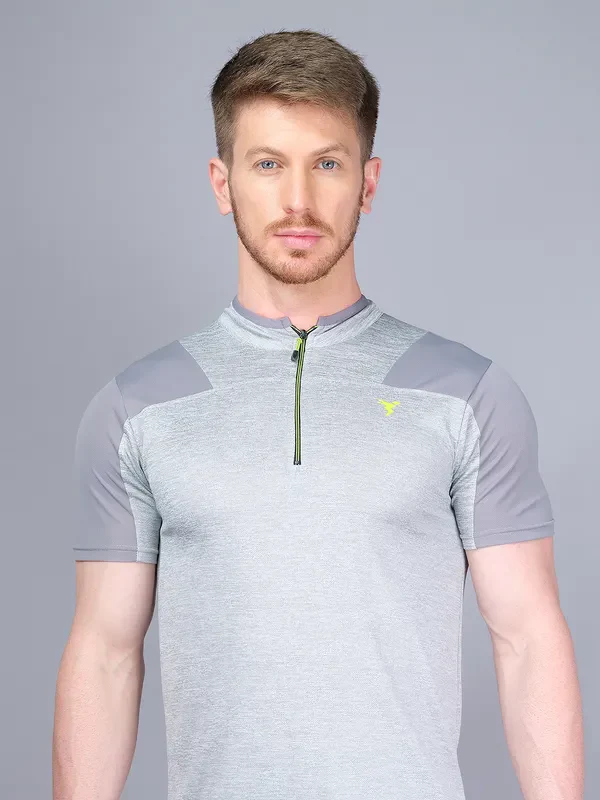 Men Melange Slim Fit Mock Neck T-shirt with DOUBLE COOL - Image 9