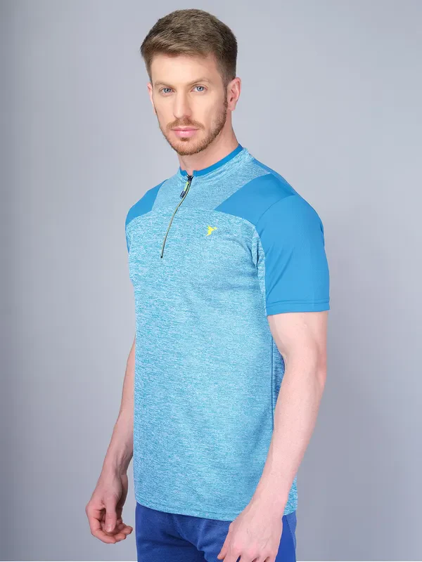 Men Melange Slim Fit Mock Neck T-shirt with DOUBLE COOL - Image 3