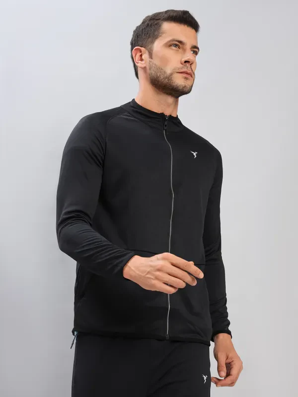 Men Solid Slim Fit Mock Neck Jacket with TECHNO DRY