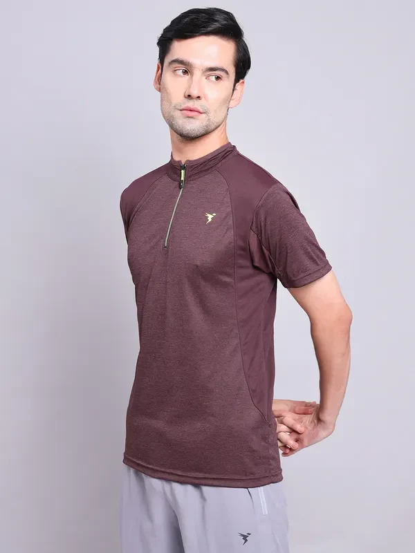 Men Melange Slim Fit Mock Neck T-shirt with TECHNO COOL+ - Image 3