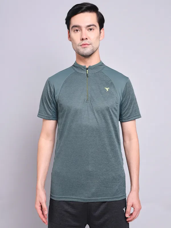 Men Melange Slim Fit Mock Neck T-shirt with TECHNO COOL+ - Image 2