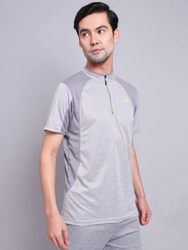 Men Melange Slim Fit Mock Neck T-shirt with TECHNO COOL+ - Image 3