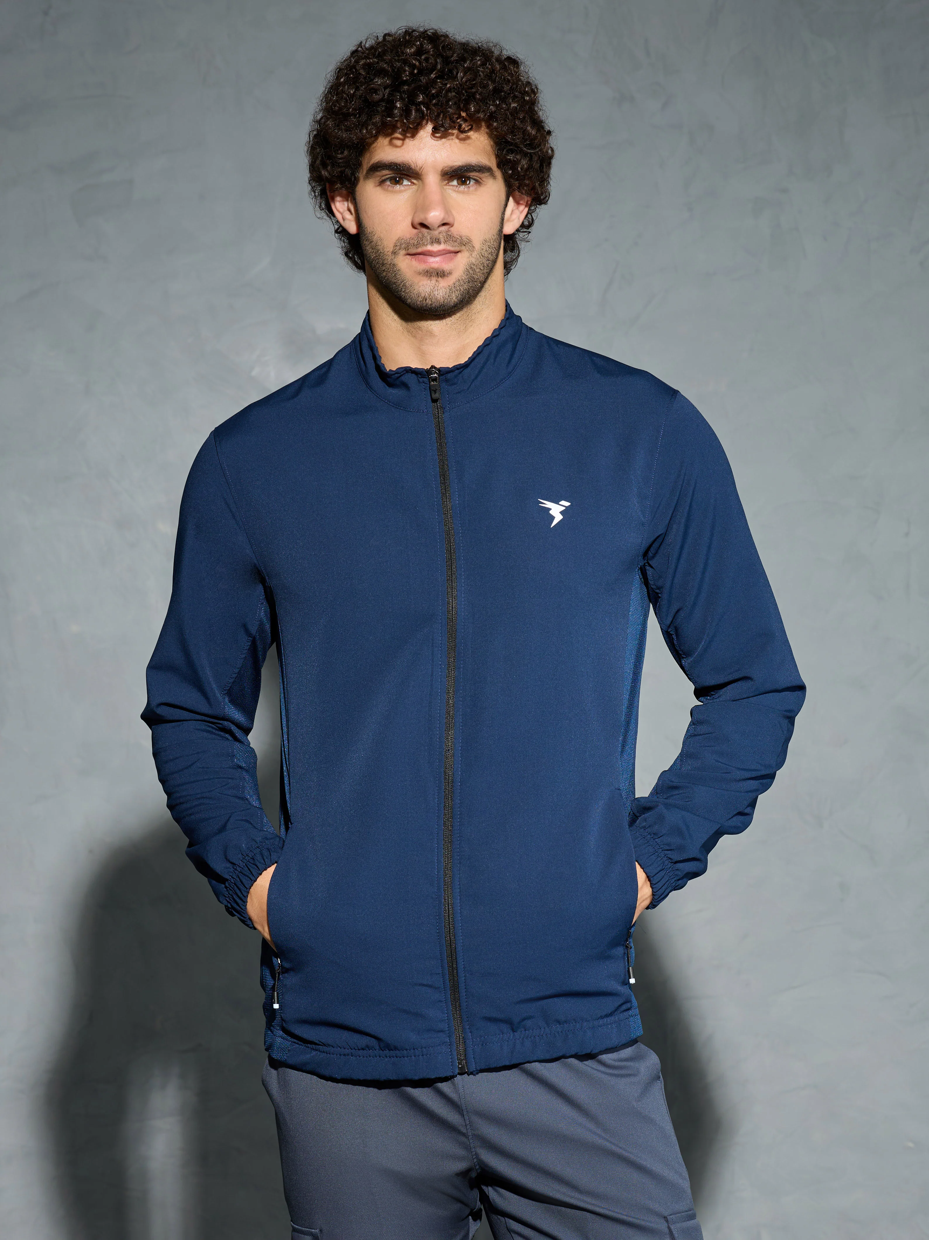 Men Solid Slim Fit Mock Neck Jacket with TECHNOLITE