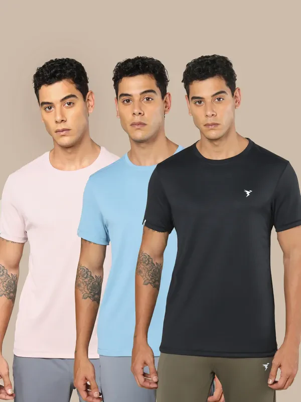 Men Solid Slim Fit Crew Neck T-shirt with TECHNO COOL+ (Pack of 3)