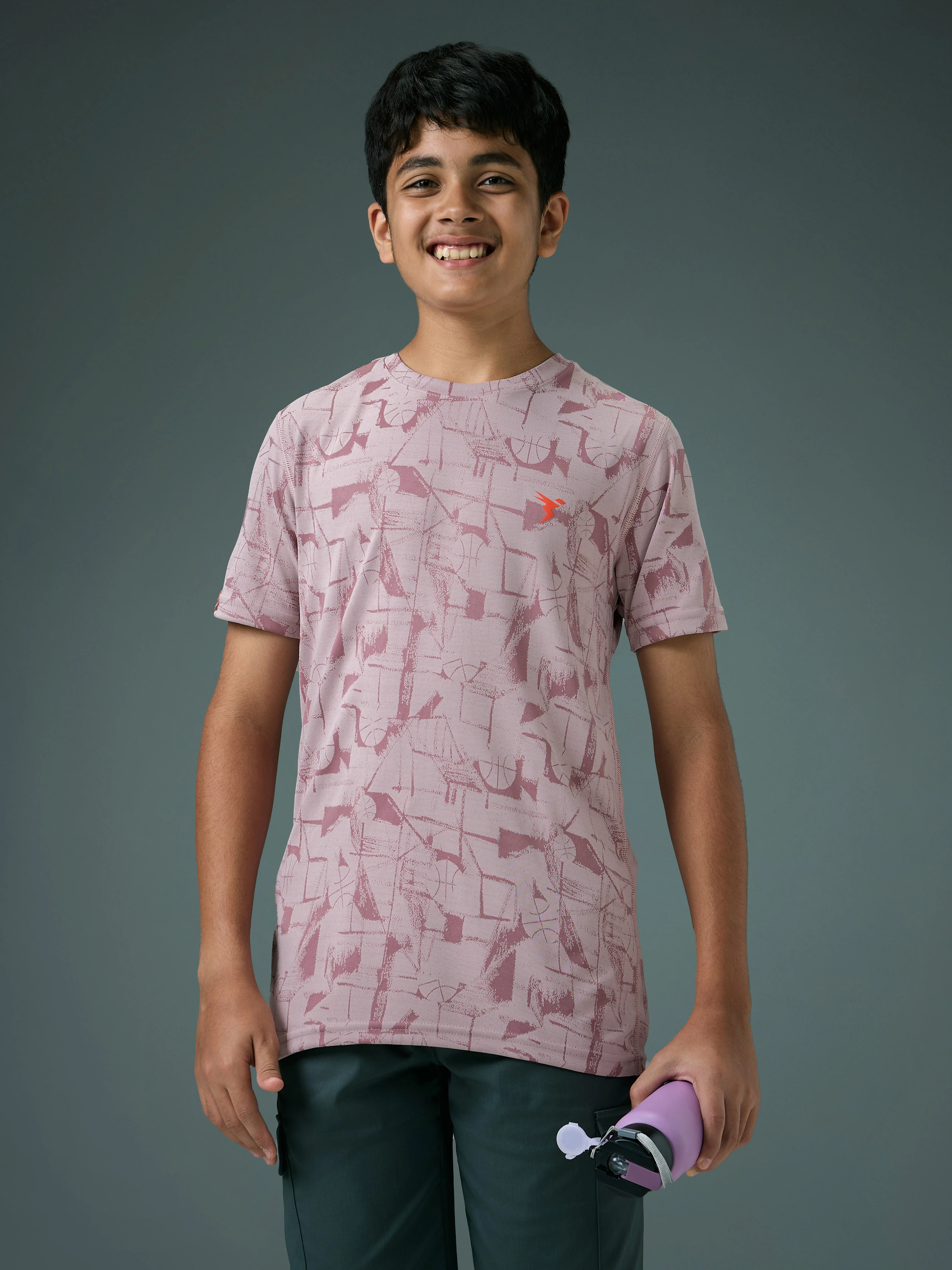 Boys Self Design Slim Fit Crew Neck T-shirt with DOUBLE COOL
