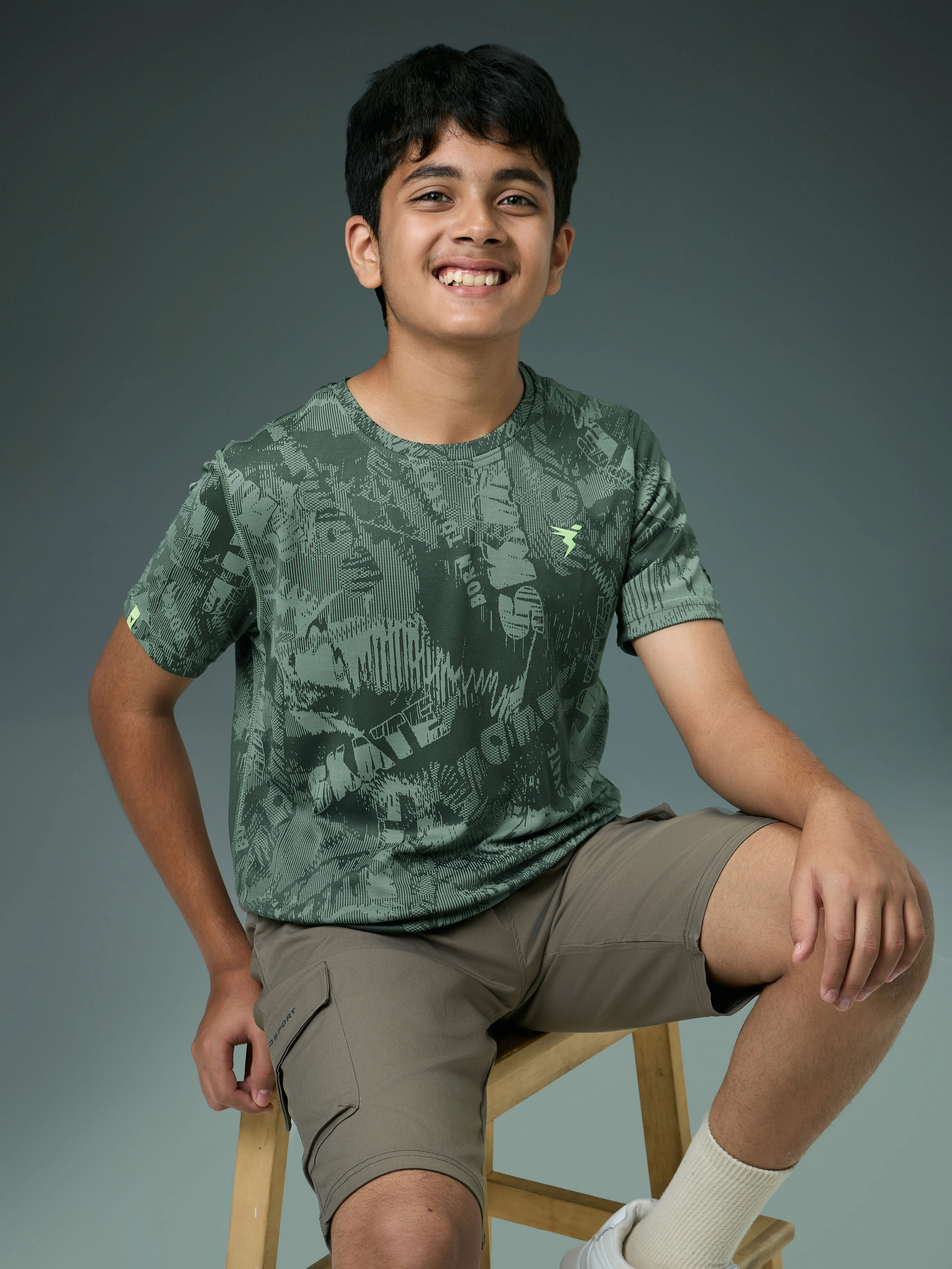 Boys Self Design Slim Fit Crew Neck T-shirt with DOUBLE COOL