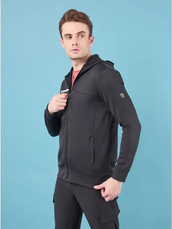 Men Solid Slim Fit Hooded Jacket with TECHNO DRY - Image 3