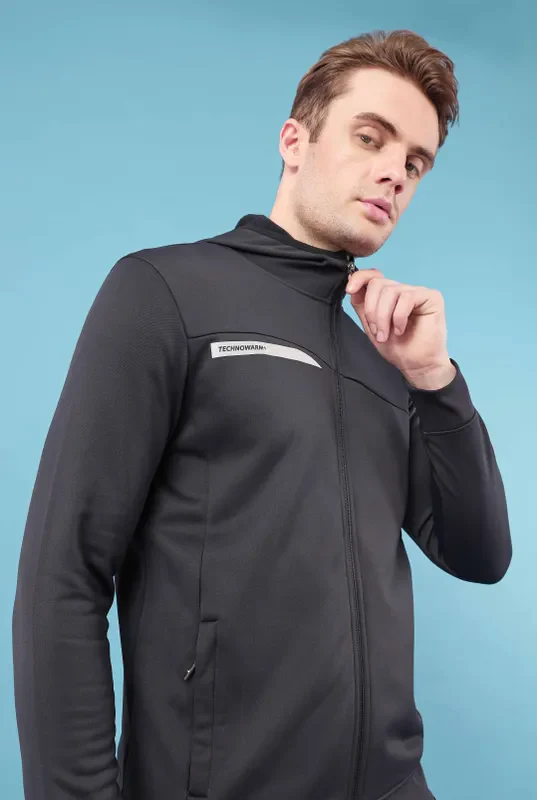 Men Solid Slim Fit Hooded Jacket with TECHNO DRY - Image 5