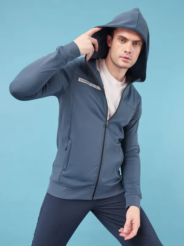 Men Solid Slim Fit Hooded Jacket with TECHNO DRY - Image 6