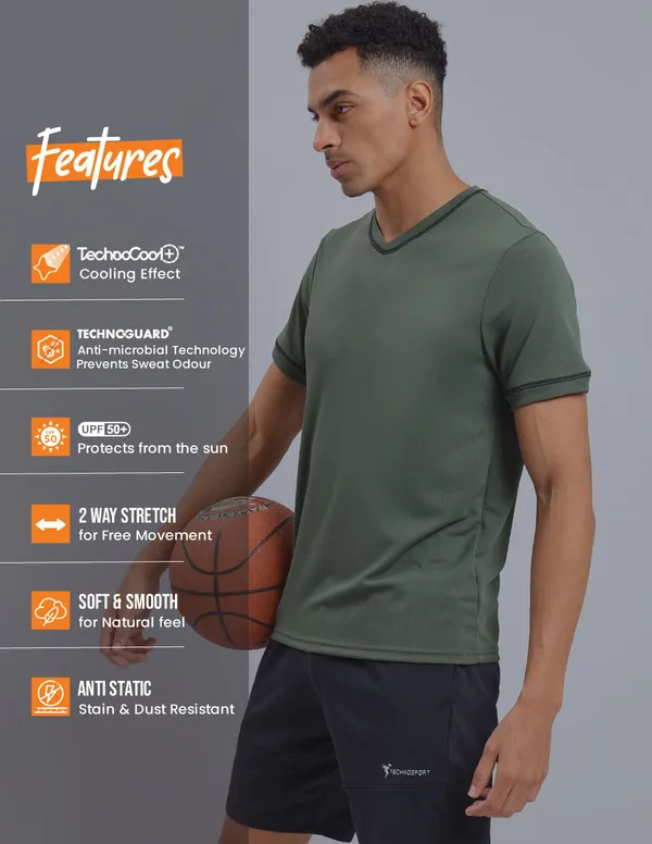 Men Solid Slim Fit V Neck T-shirt with TECHNO COOL+ - Image 6