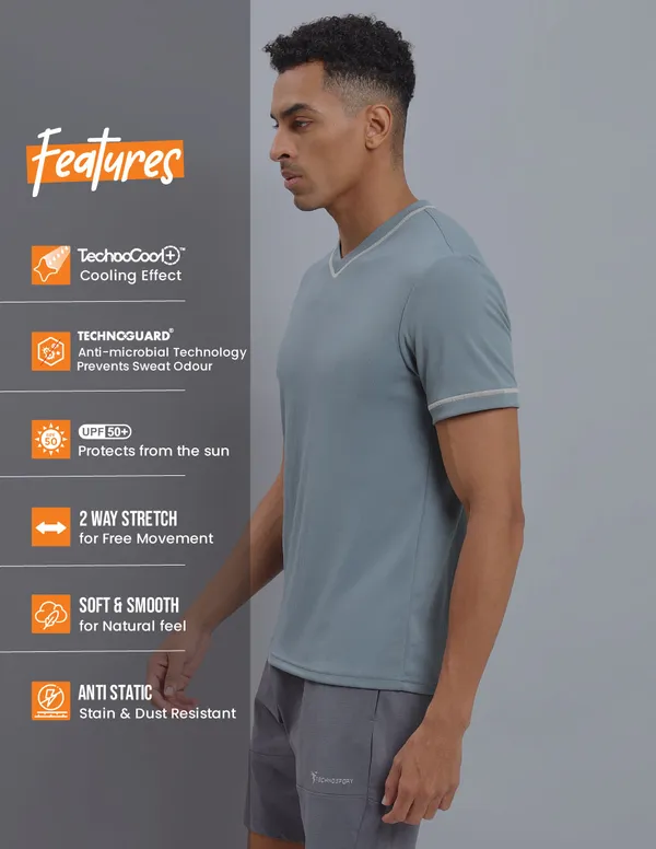 Men Solid Slim Fit V Neck T-shirt with TECHNO COOL+ - Image 6
