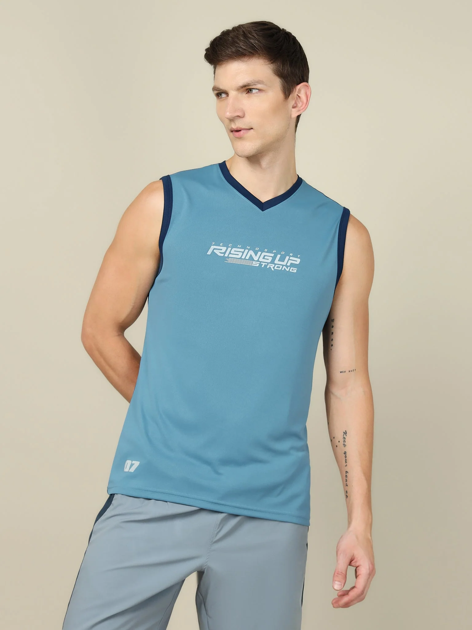 Men Solid Slim Fit V Neck Sleeveless T-shirt with TECHNO COOL + - Image 2