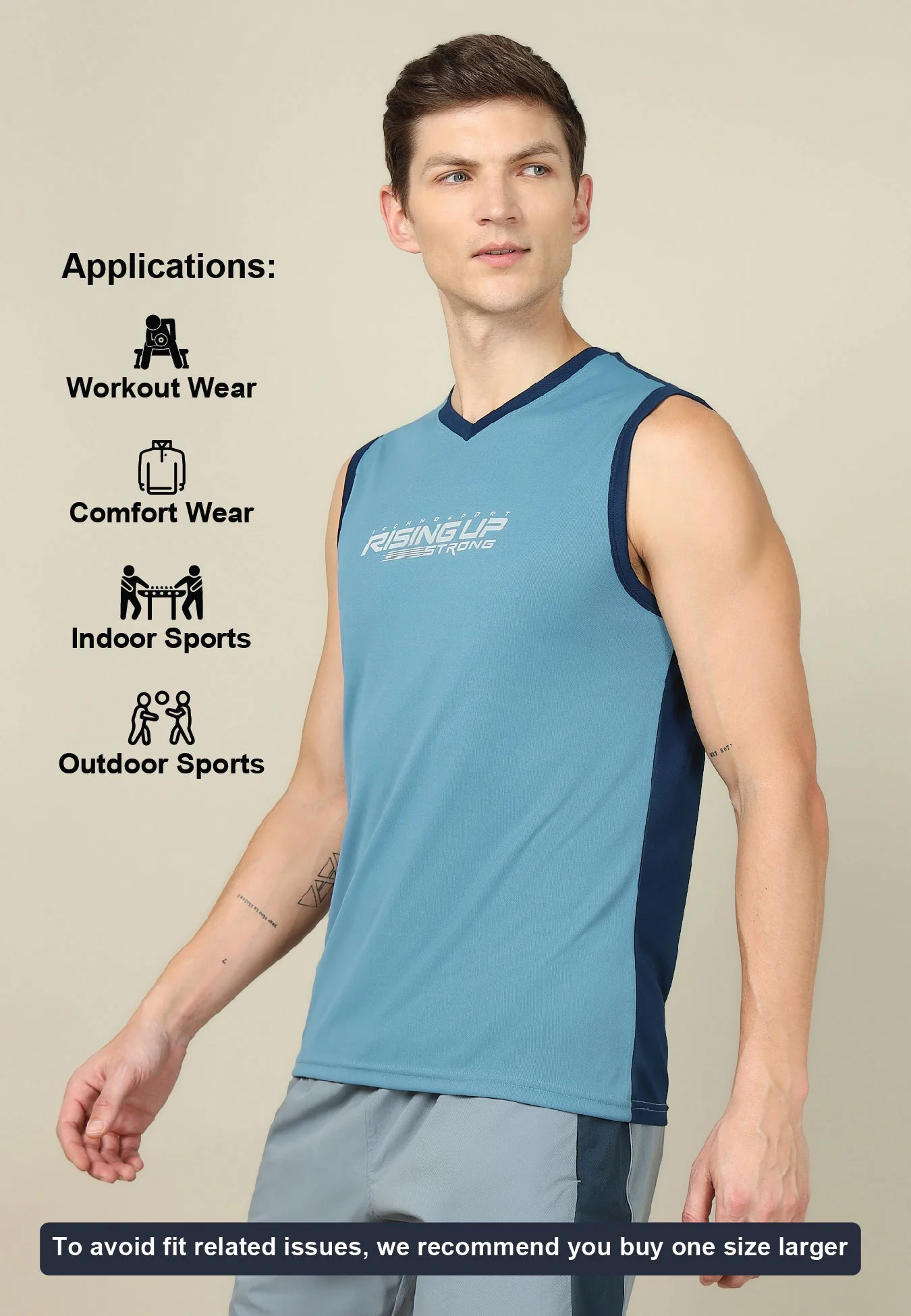 Men Solid Slim Fit V Neck Sleeveless T-shirt with TECHNO COOL + - Image 5