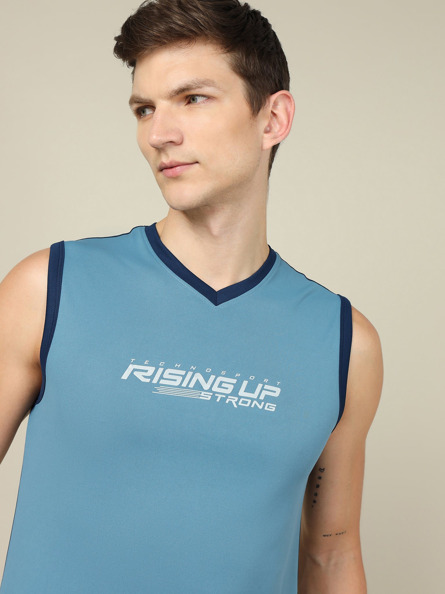 Men Solid Slim Fit V Neck Sleeveless T-shirt with TECHNO COOL + - Image 6