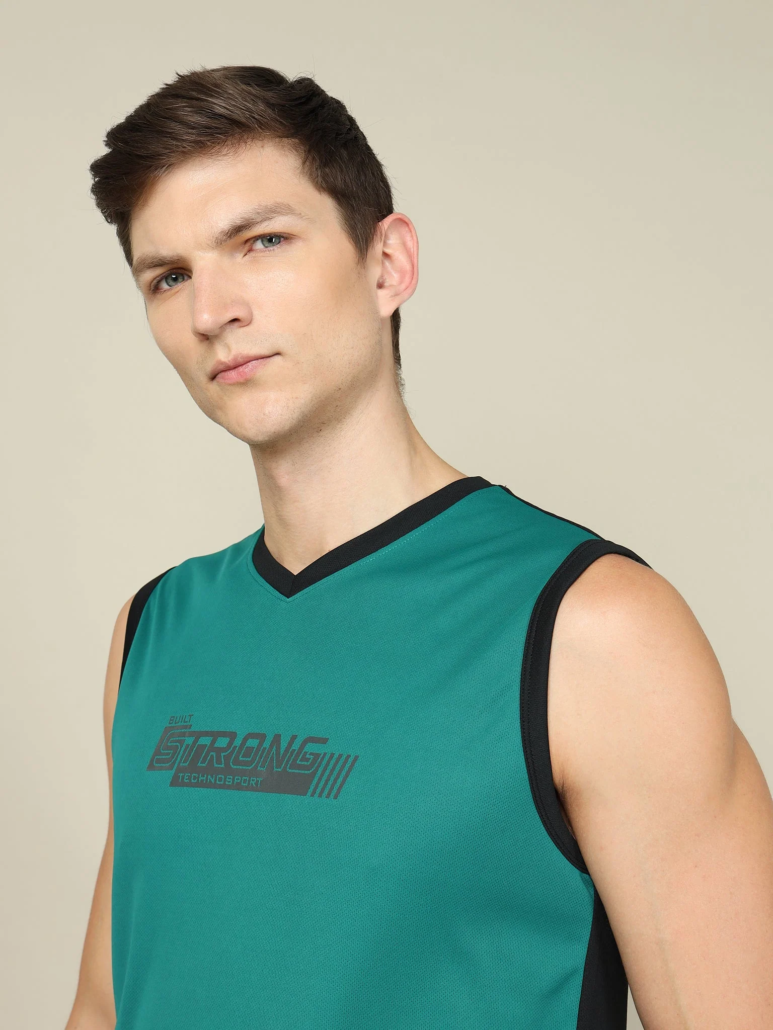 Men Solid Slim Fit V Neck Sleeveless T-shirt with TECHNO COOL + - Image 6