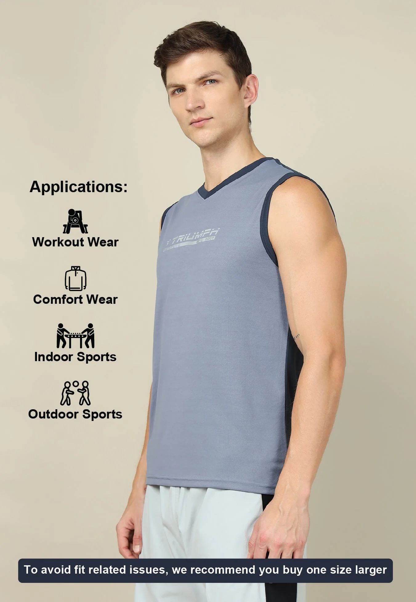 Men Solid Slim Fit V Neck Sleeveless T-shirt with TECHNO COOL + - Image 4