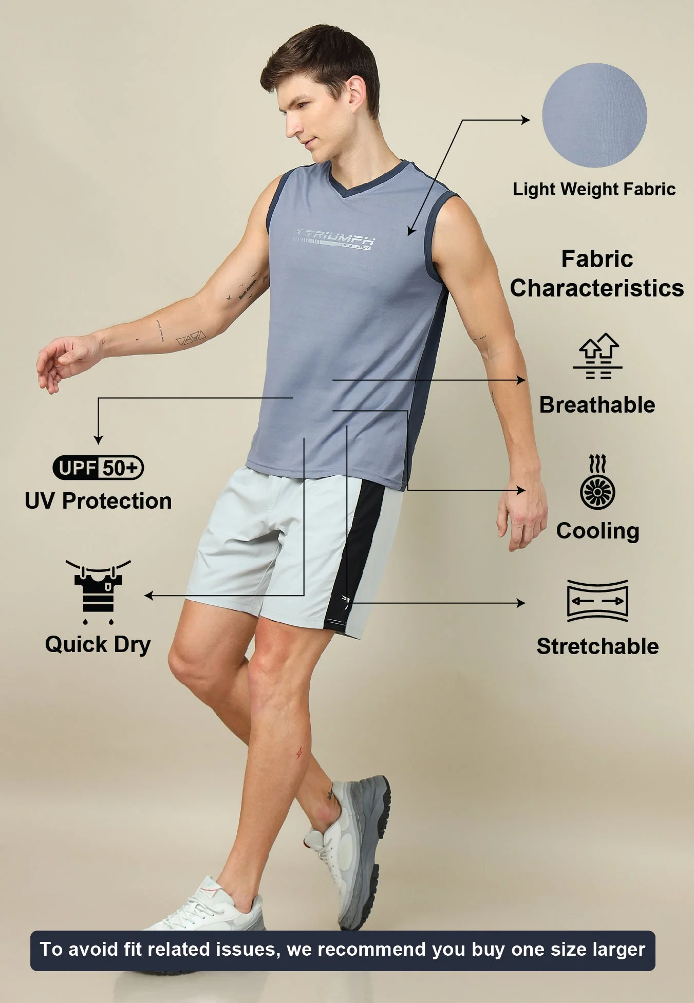 Men Solid Slim Fit V Neck Sleeveless T-shirt with TECHNO COOL + - Image 5