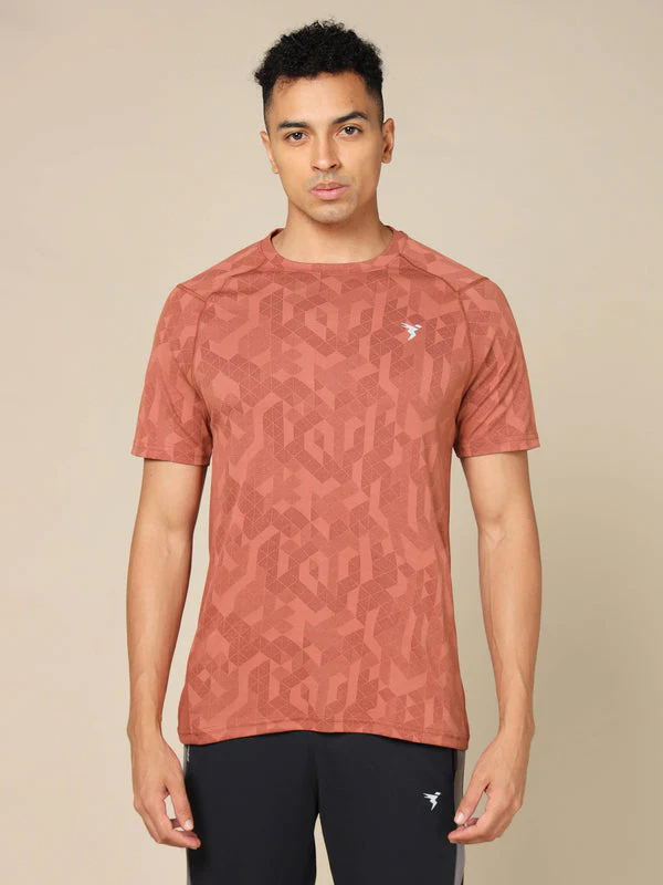 Men Self Design Slim Fit Crew Neck T-shirt with DOUBLE COOL - Image 2