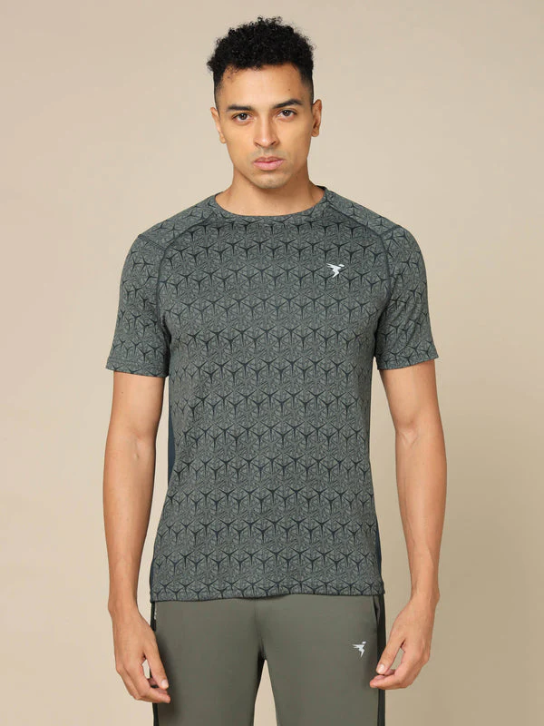 Men Self Design Slim Fit Crew Neck T-shirt with DOUBLE COOL
