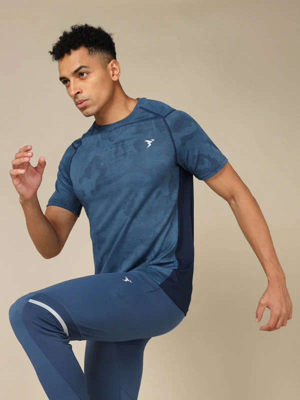 Men Self Design Slim Fit Crew Neck T-shirt with DOUBLE COOL - Image 2