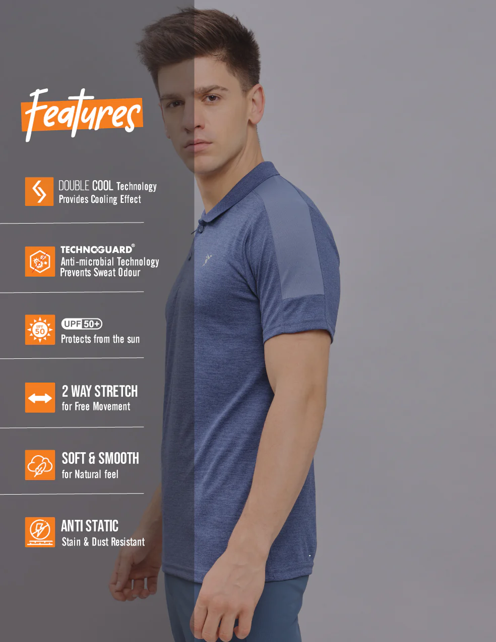 Men Melange Slim Fit Polo T-shirt with DOUBLE COOL - Image 3