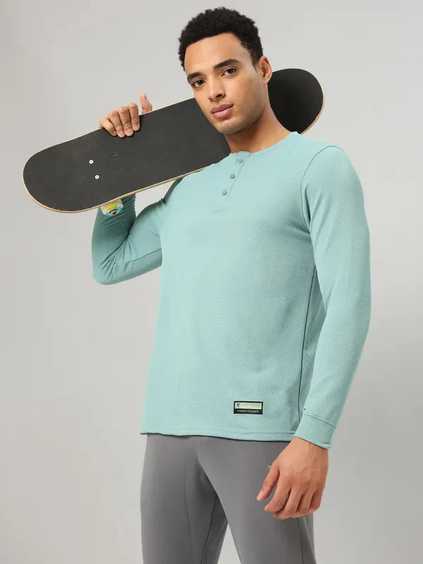 Men Self Design Slim Fit Henley Neck T-shirt with MATPIQ - Image 6