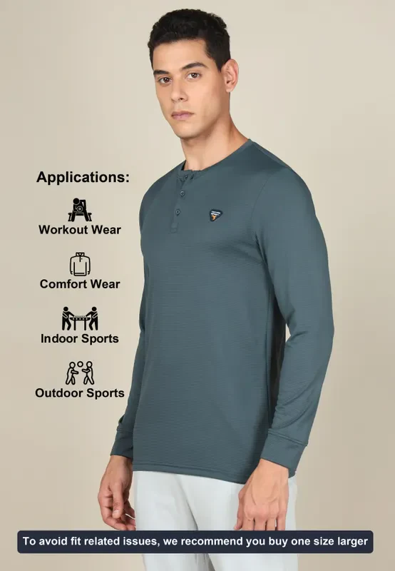 Men Self Design Slim Fit Henley Neck T-shirt with MATPIQ - Image 5