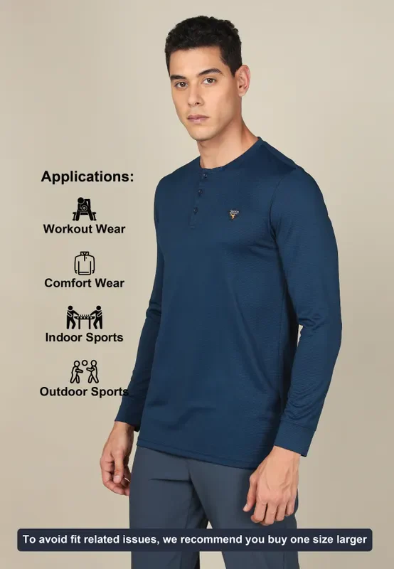 Men Self Design Slim Fit Henley Neck T-shirt with MATPIQ - Image 5