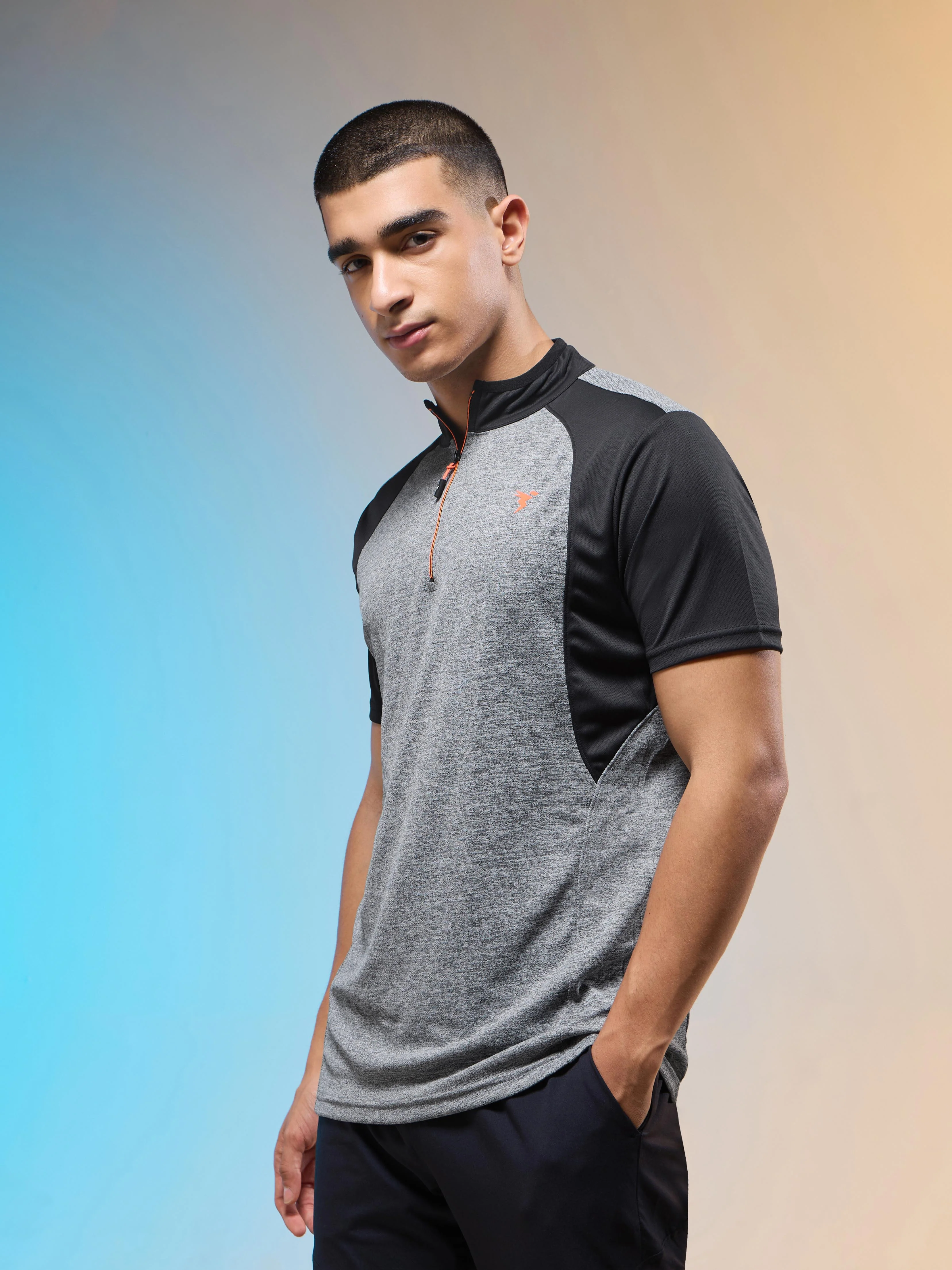Men Melange Slim Fit Mock Neck T-shirt with TECHNO COOL+ - Image 4