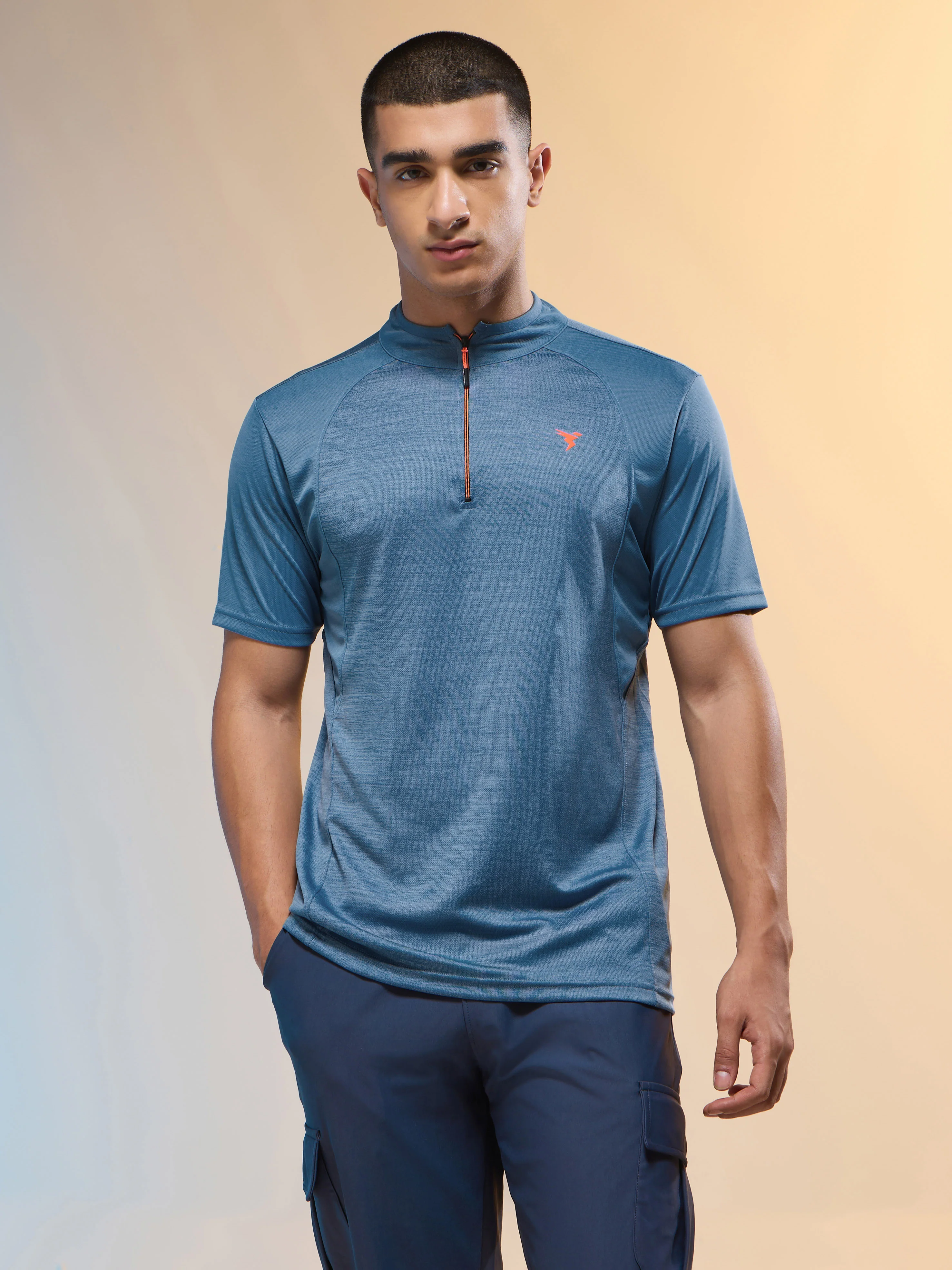Men Melange Slim Fit Mock Neck T-shirt with TECHNO COOL+ - Image 2