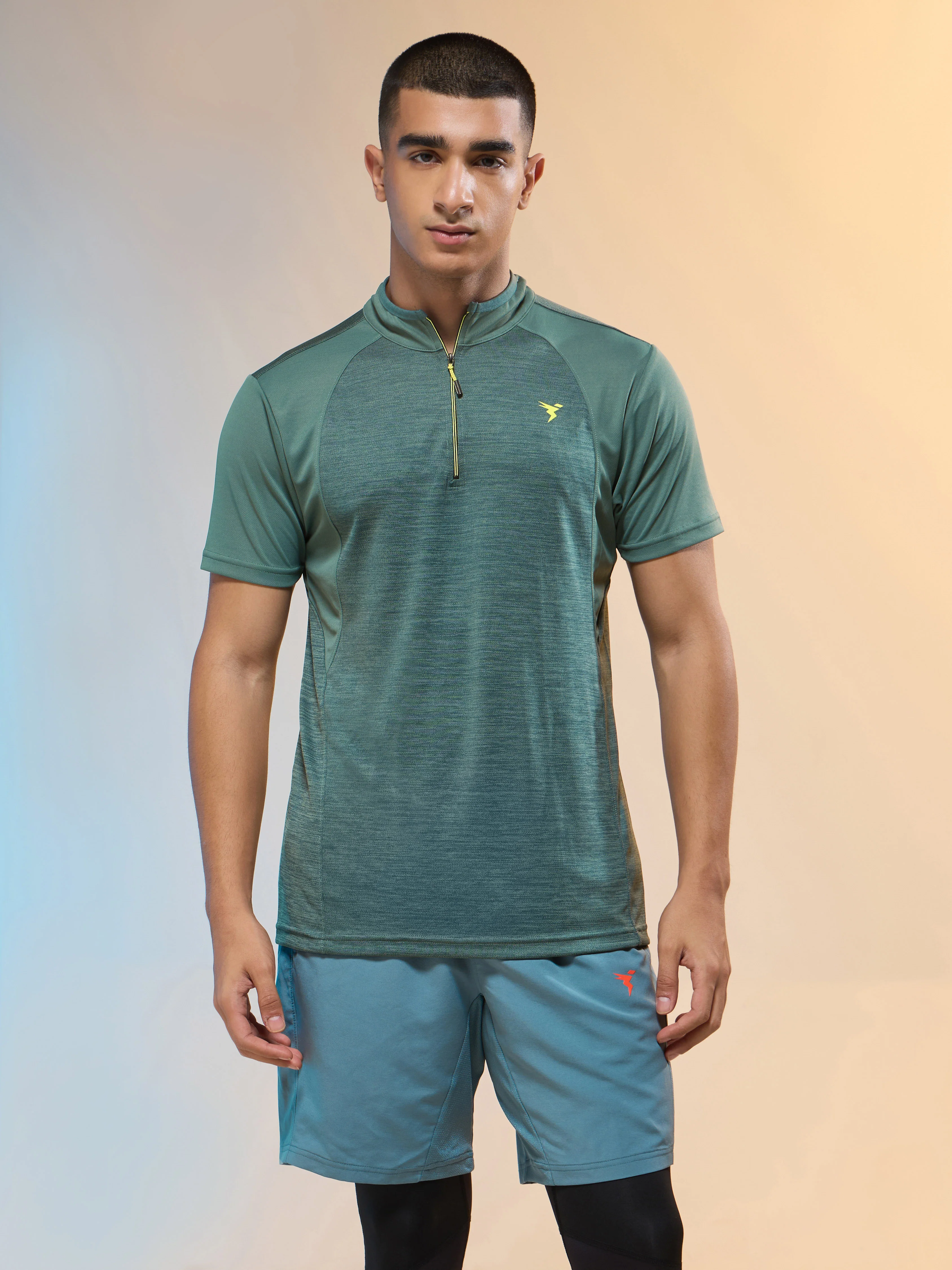 Men Melange Slim Fit Mock Neck T-shirt with TECHNO COOL+ - Image 2