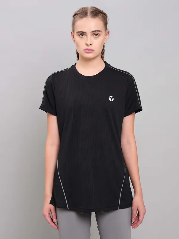Women Self Design Slim Fit Crew Neck T-shirt with TECHNO COOL+