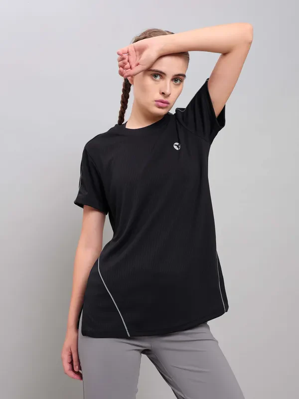 Women Self Design Slim Fit Crew Neck T-shirt with TECHNO COOL+ - Image 2