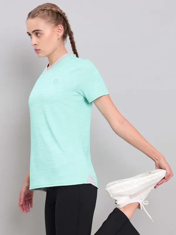 Women Solid Slim Fit V Neck T-shirt with DOUBLE COOL - Image 5