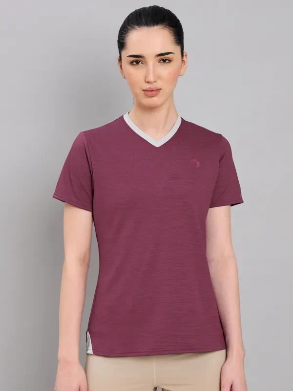 Women Solid Slim Fit V Neck T-shirt with DOUBLE COOL