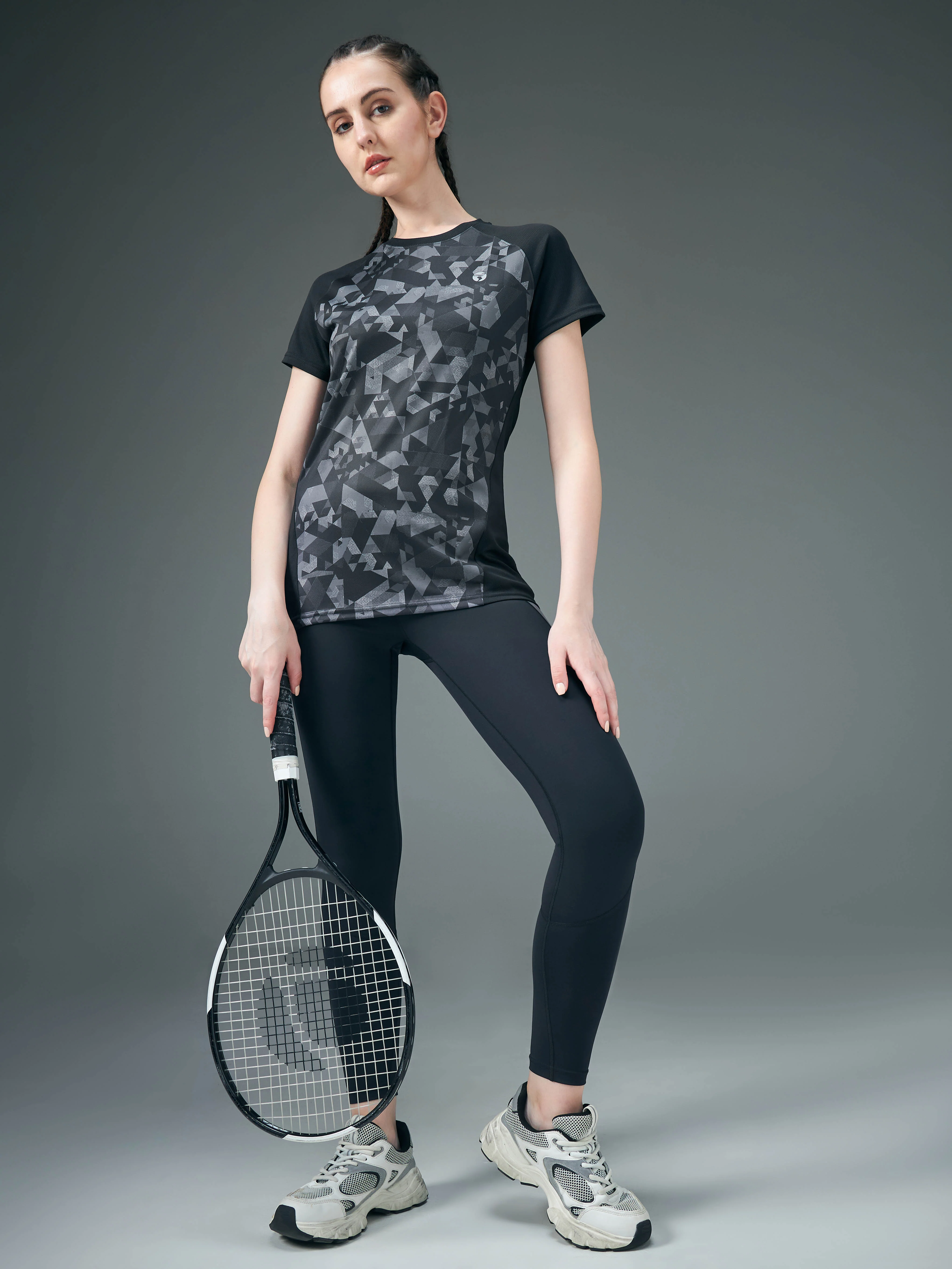 Women Abstract Print Slim Fit Crew Neck T-shirt with TECHNO COOL+ - Image 5