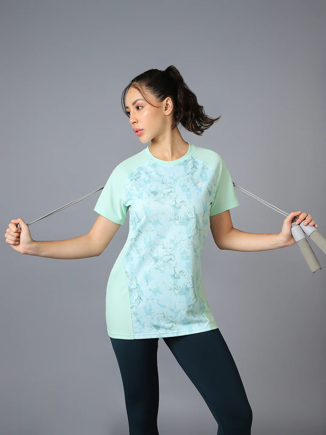 Women Abstract Print Slim Fit Crew Neck T-shirt with TECHNO COOL+ - Image 4
