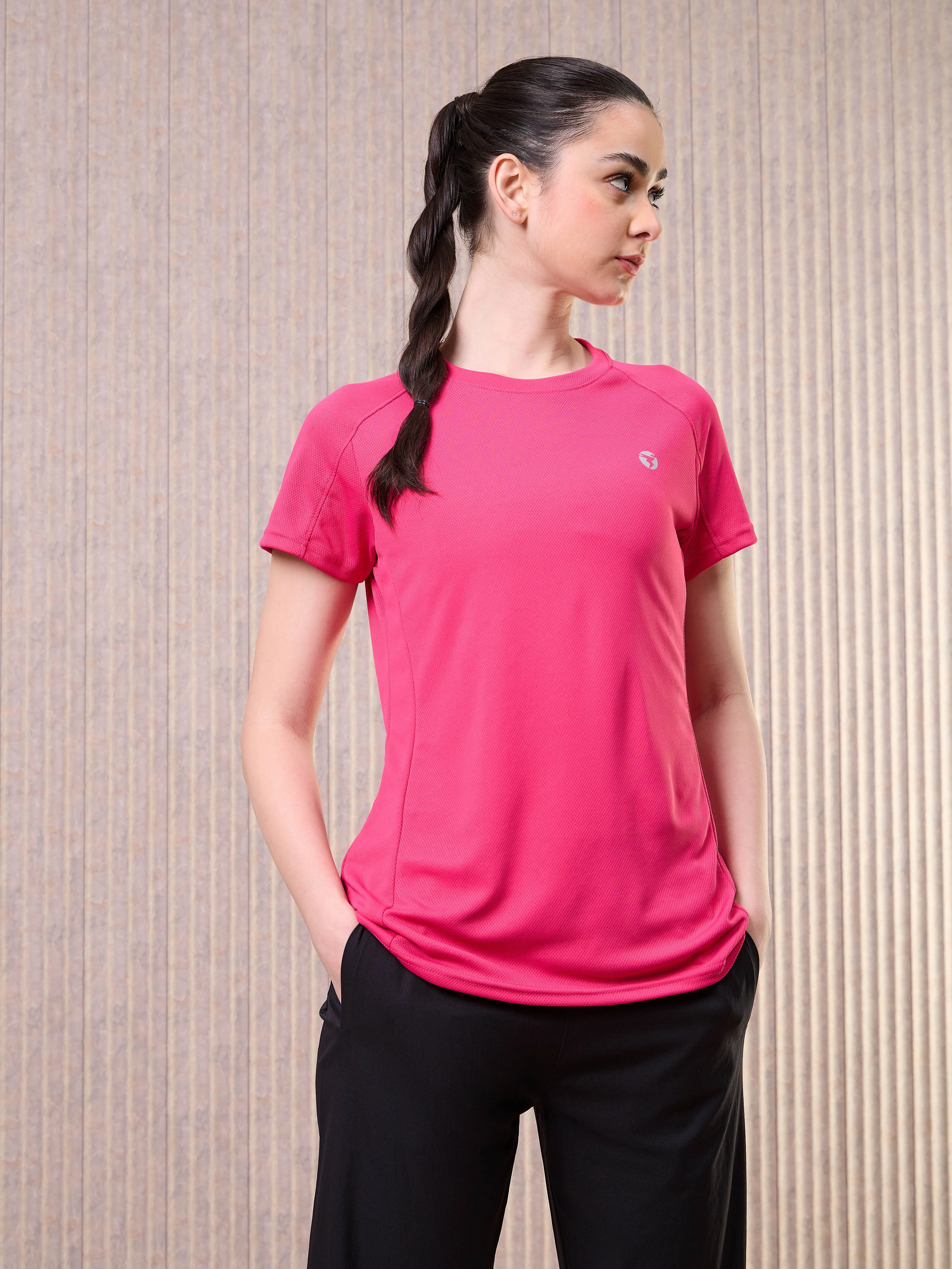 Women Solid Slim Fit Crew Neck T-shirt with TECHNO COOL