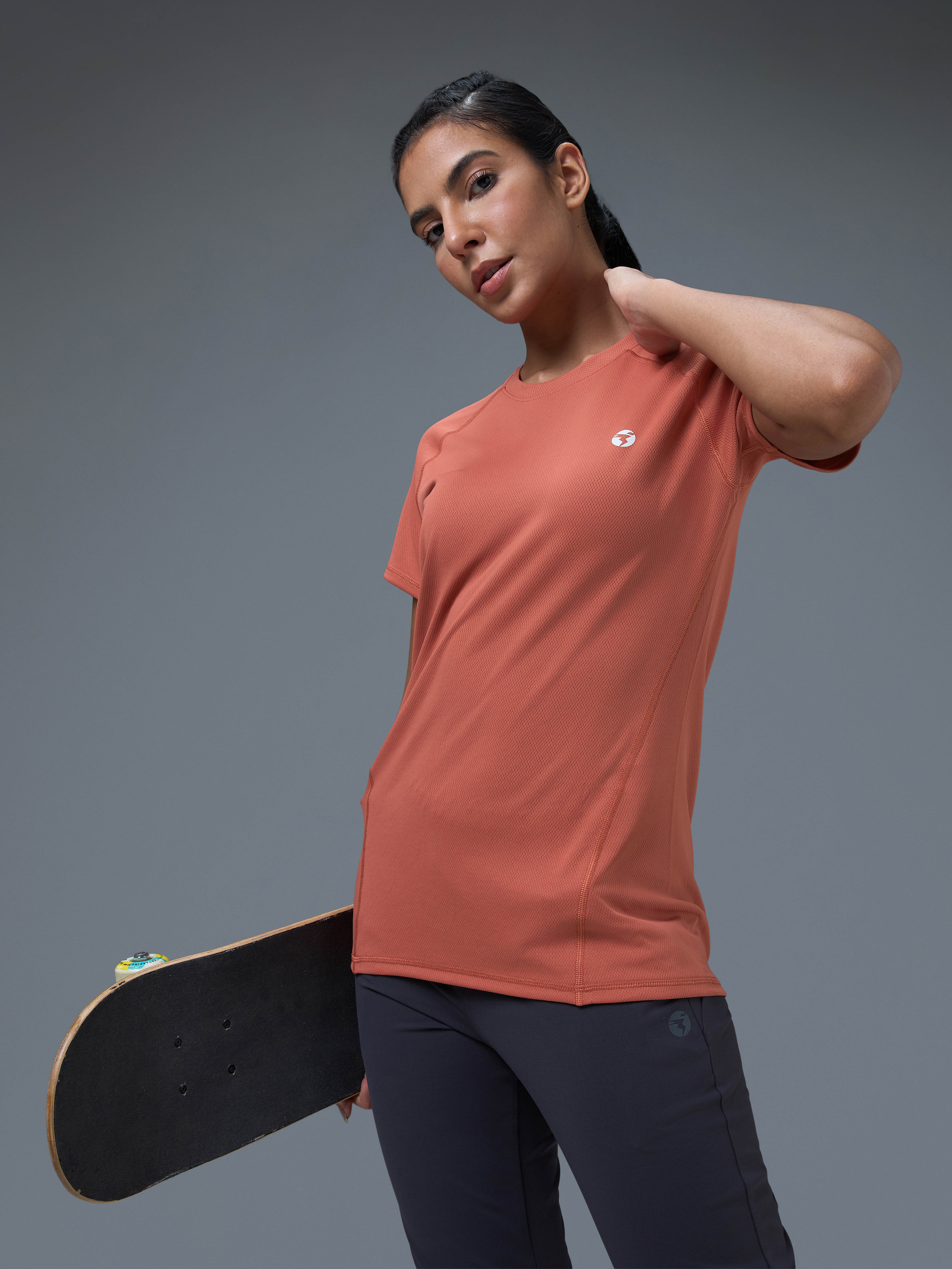 Women Solid Slim Fit Crew Neck T-shirt with TECHNO COOL