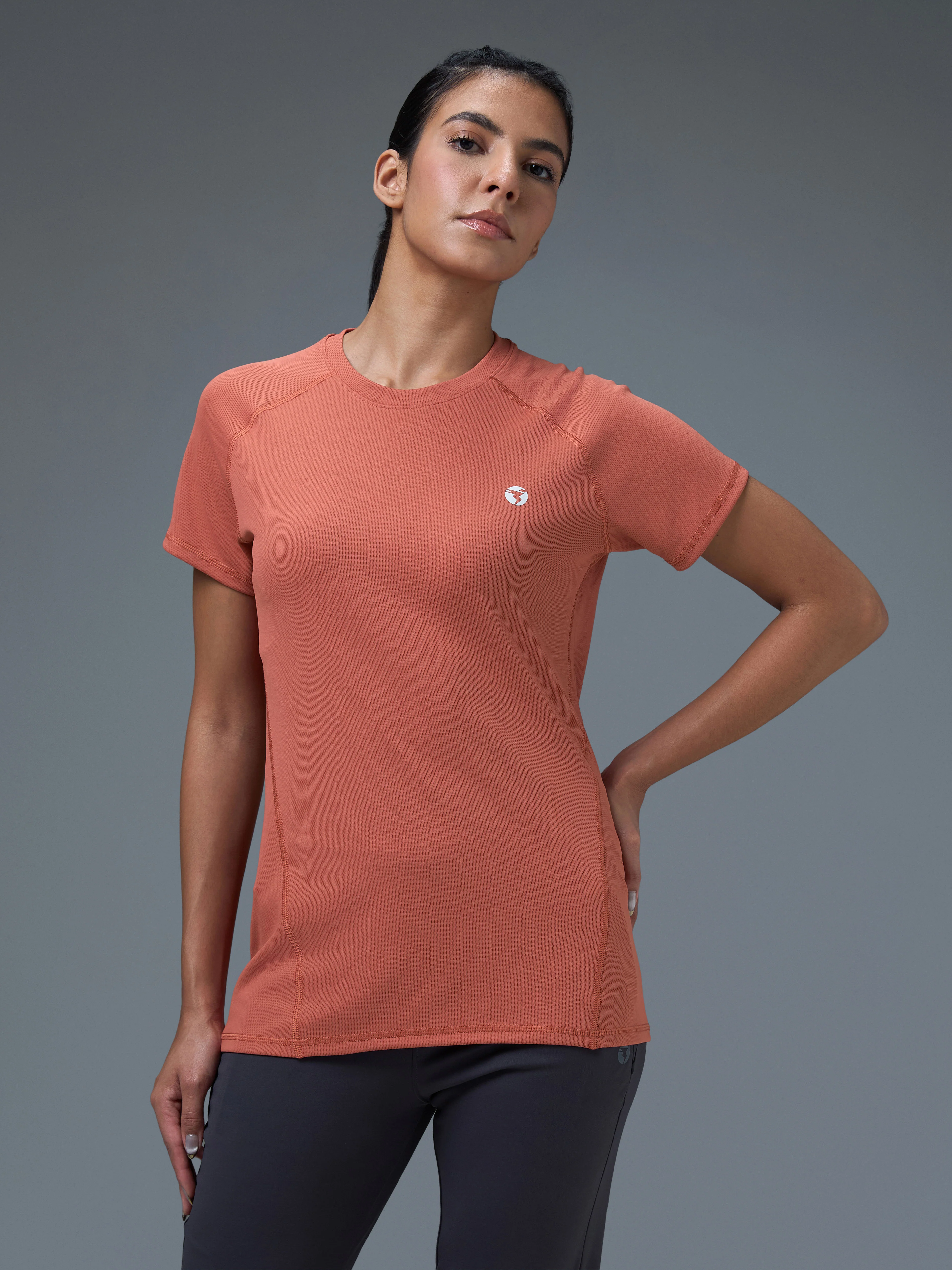 Women Solid Slim Fit Crew Neck T-shirt with TECHNO COOL - Image 2