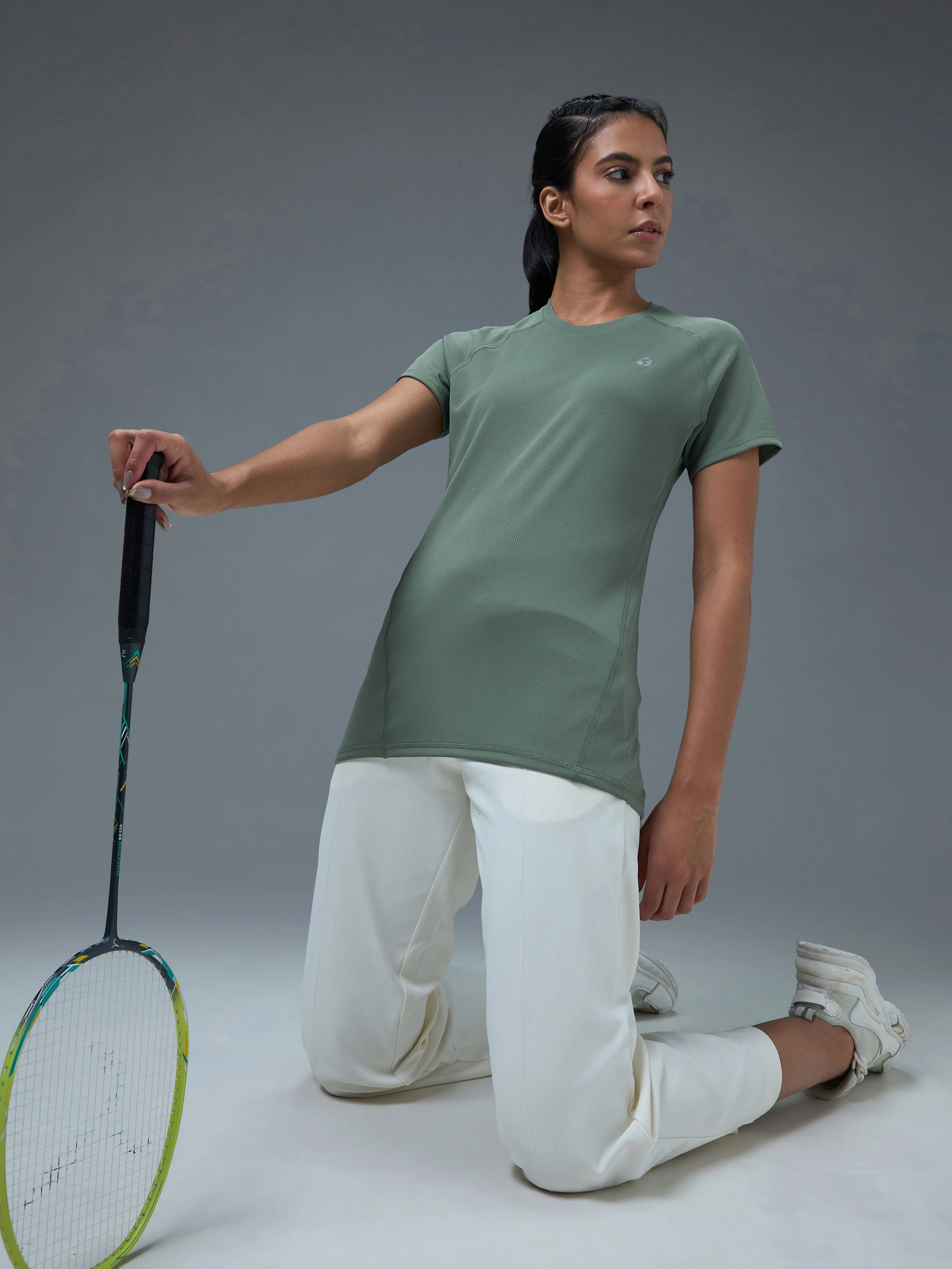 Women Solid Slim Fit Crew Neck T-shirt with TECHNO COOL