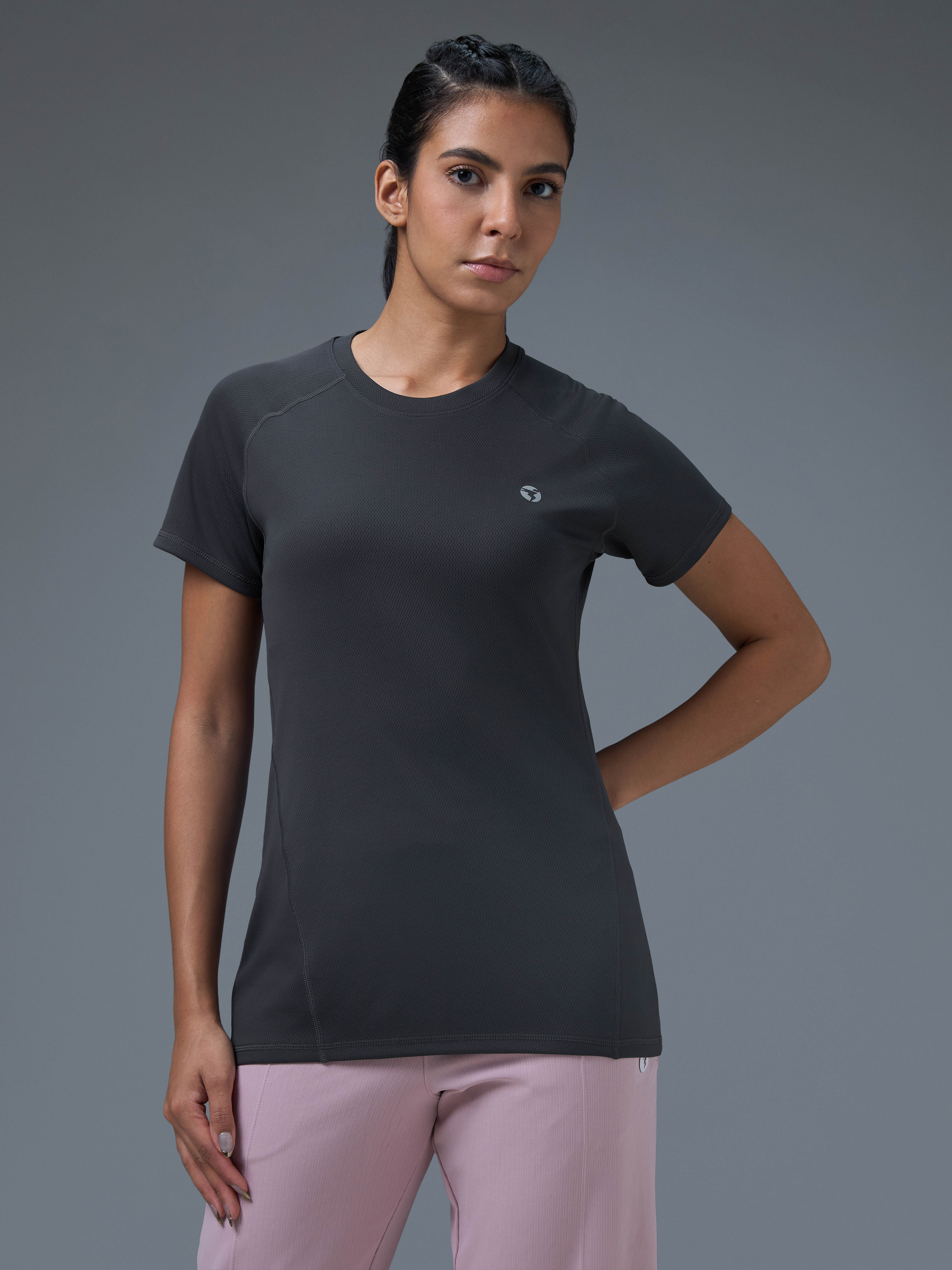 Women Solid Slim Fit Crew Neck T-shirt with TECHNO COOL - Image 2