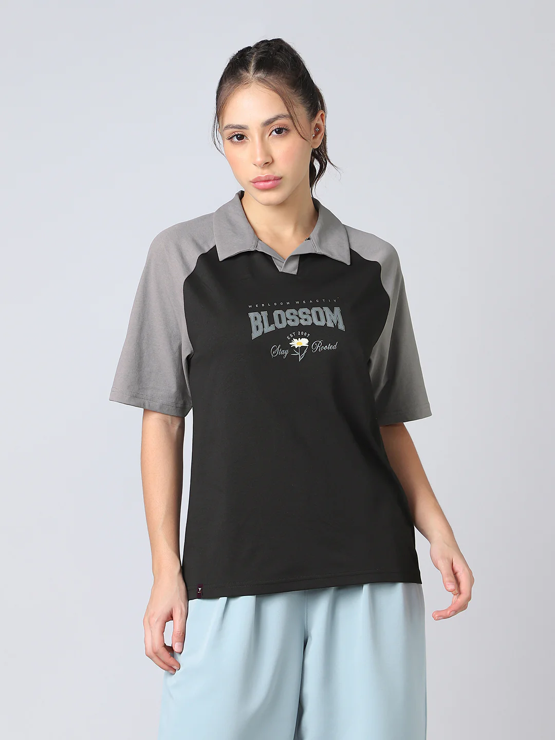 Women Colorblock Oversized Fit Polo T-shirt with COTFLEX