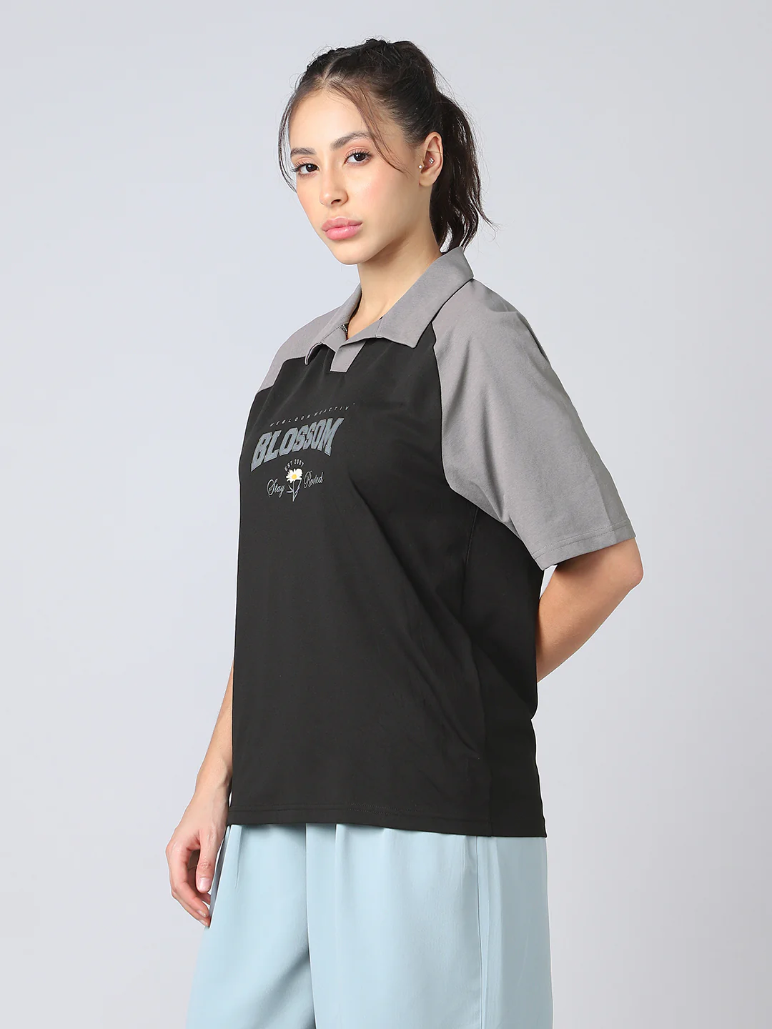 Women Colorblock Oversized Fit Polo T-shirt with COTFLEX - Image 3