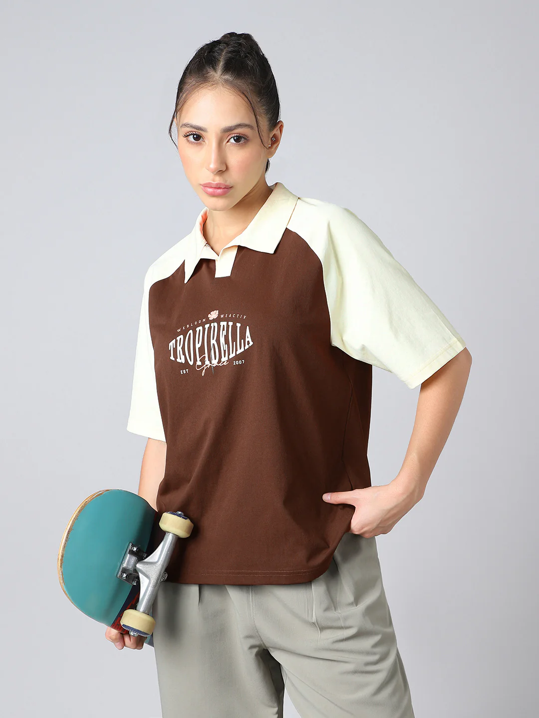 Women Colorblock Oversized Fit Polo T-shirt with COTFLEX