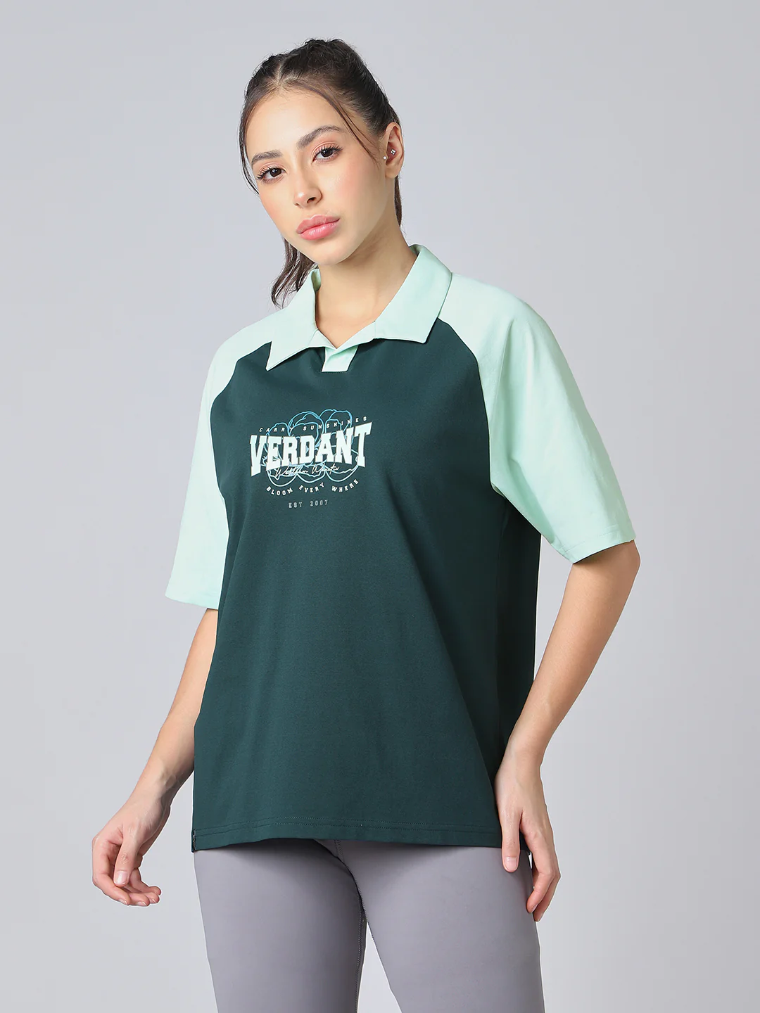 Women Colorblock Oversized Fit Polo T-shirt with COTFLEX